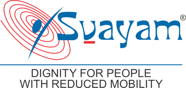 Svayam Logo :- The Svayam logo contains a red ‘chakra’ (open ended wheel) with symbolic blue coloured head with spread wings in the middle of the Chakra. Organization’s name ‘Svayam’ is written on right side of the Chakra where ‘v’ is underlined with a red line; and the text below the logo, separated by a blue line reads: DIGNITY FOR PEOPLE WITH REDUCED MOBILITY